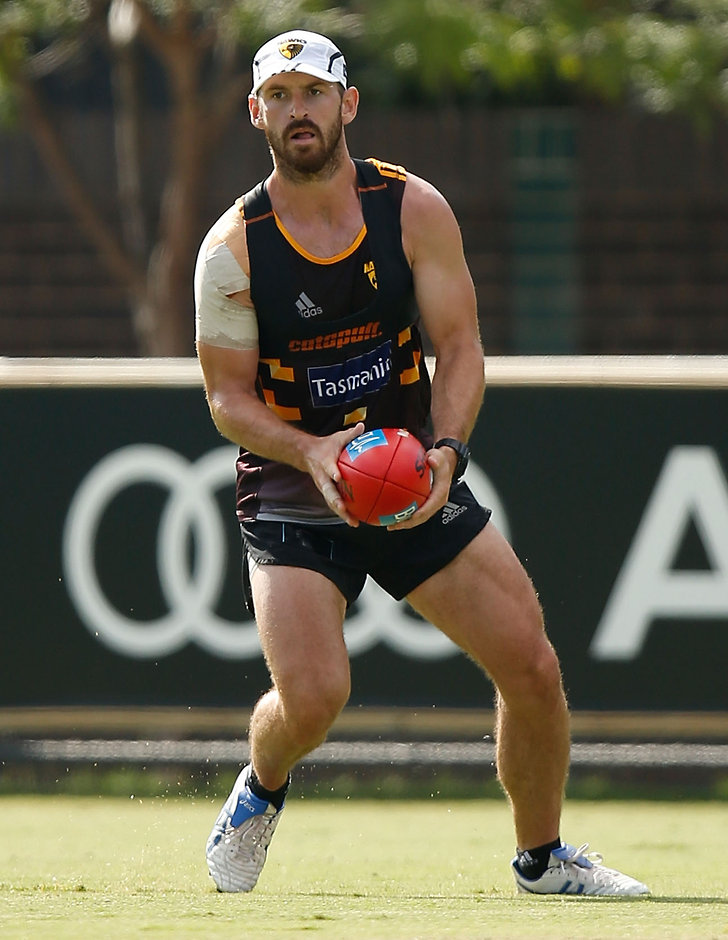 AFL 2016 Training - Hawthorn 130116 MELBOURNE, AUSTRALIA - JANUARY 13: Brendan Whitecross of the Hawks in action during the Hawthorn Hawks training session at the Ricoh Centre, Melbourne on January 13, 2016. (Photo: Michael Willson/AFL Media)